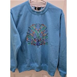 Embroidered Peacock Sweatshirt Womens Large Blue Cozy Grandma Core Vintage Cute‎
